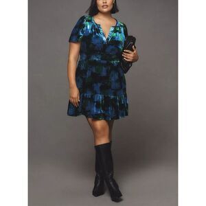 Anthropologie The Somerset Mini Dress Velvet Blue Floral Womens 1X Pockets NWT